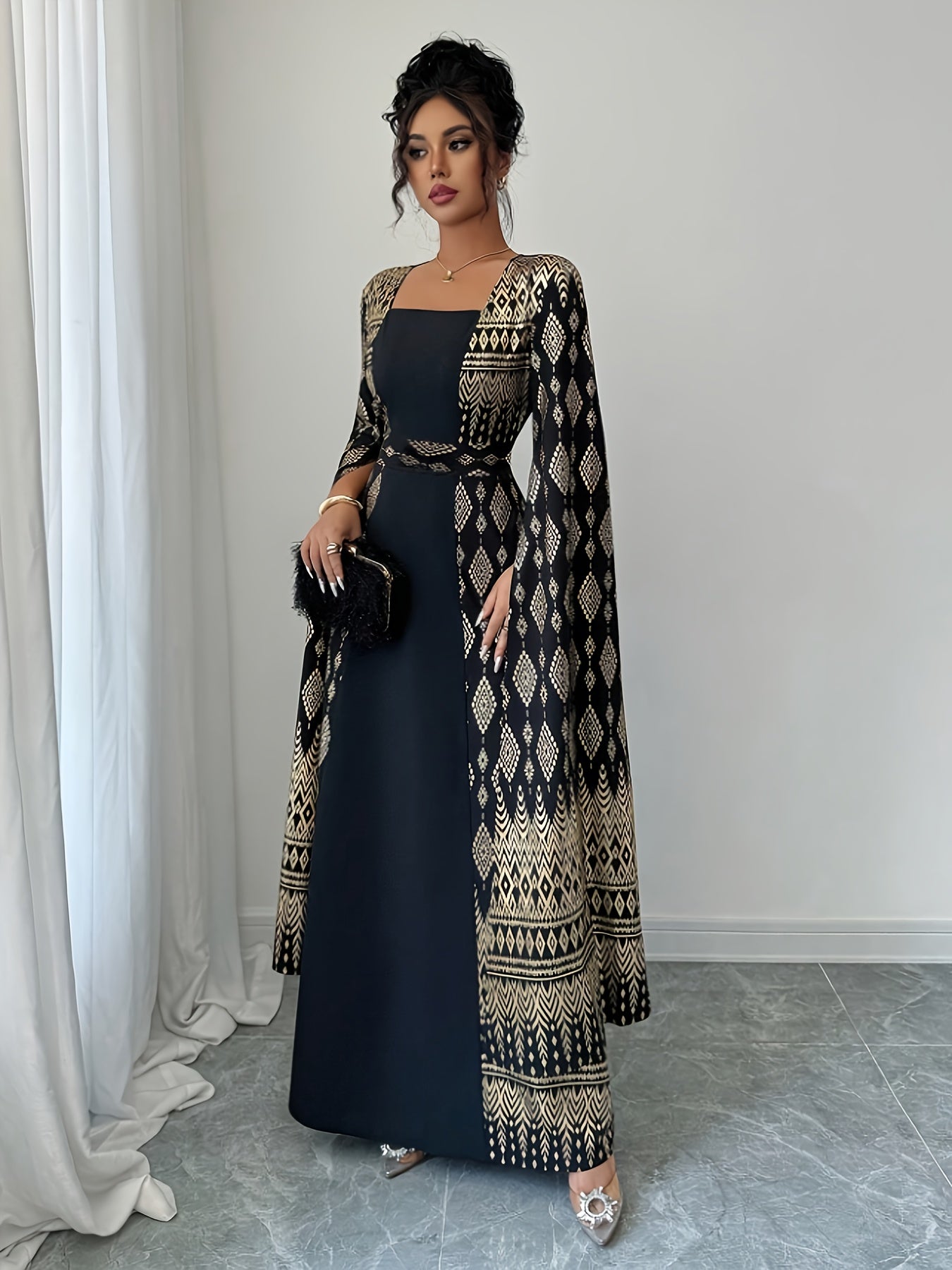 Women'S Elegant Long Sleeve Black & Golden Geometric Print Kimono Dress - Square Neck Floor-Length Formal Party Wedding Dress with Contrast Color Accents, All-Season Versatile Evening Gown