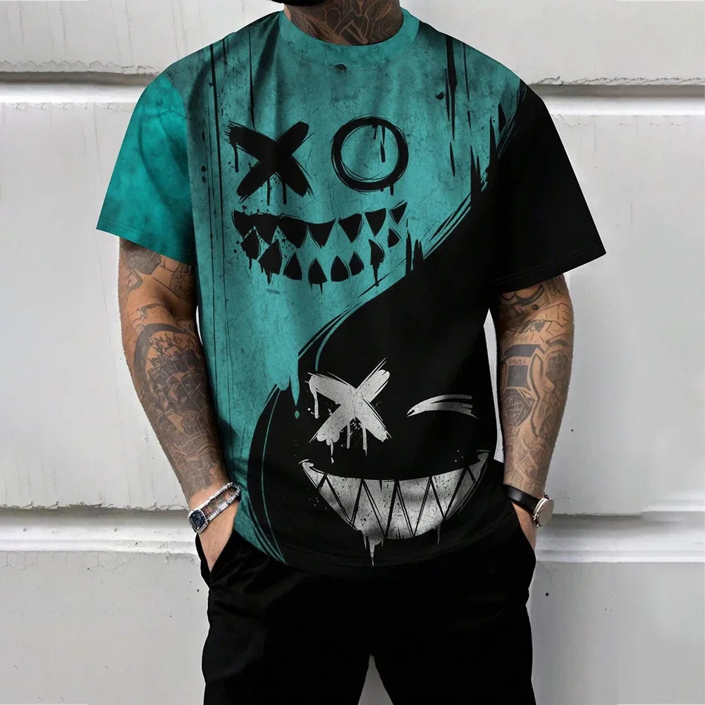 2025 Trendy Red And Black Spliced Printed Men's T-Shirt Funny Ghost Face Graphic T-Shirts Oversized Loose Short Sleeve Clothing