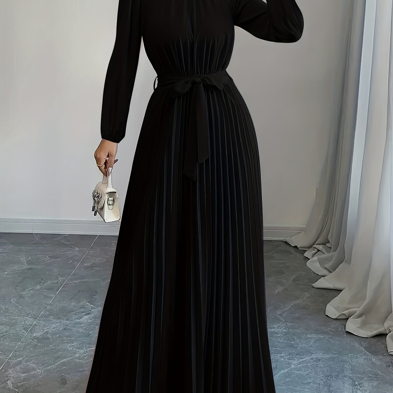 Elegant Long Sleeve Pleated Maxi Dress with Tie Waist - Soft Pink, Stand Collar, Flowing Design for Women, Perfect for Casual or Formal Occasions, Formal Attire|Sophisticated Style|Pleated Detailing, Dress