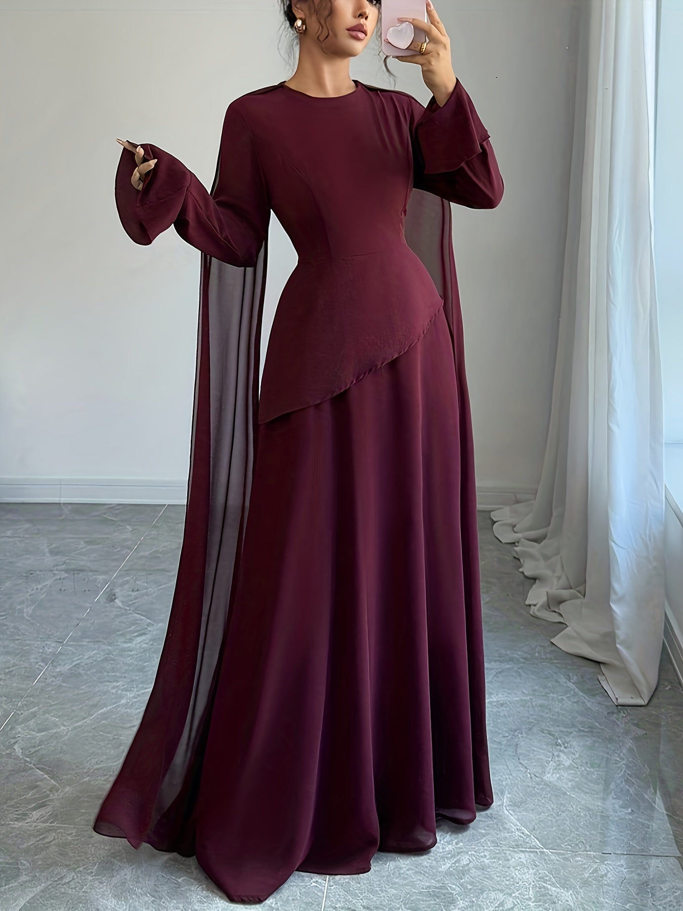 Women's Elegant Burgundy (Maroon) Traditional Wedding Guest Dress - Long Sleeve A-Line Mermaid Hem with Train & Cape-like Shawl Collar, Back Tie Closure, -Length Gown for Prom, Banquet, Cultural Events (Machine Washable)