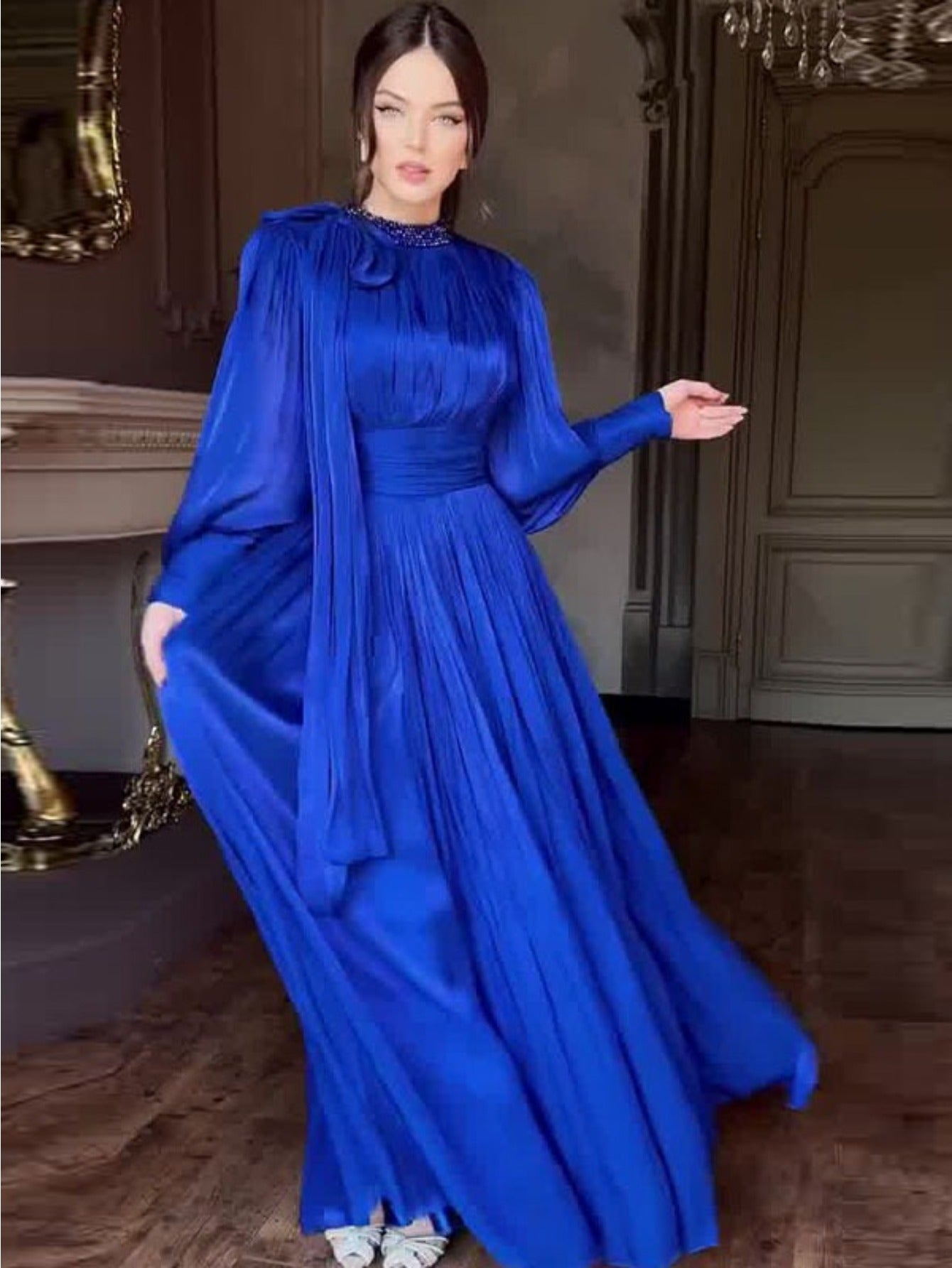 Women'S Elegant Mermaid Maxi Dress - Long Sleeve A-Line Silhouette with Halter Neck, Flattering Fit for Formal Events, Parties, Everyday - All-Season Party & Office Dress - Women'S Formal Attire, Evening Gown