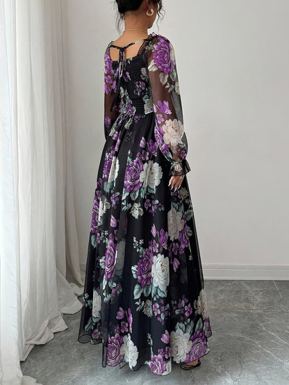 Women's Elegant Floral Print Square Neck Puff Sleeve A-Line Maxi Dress with Smocked Waist - Purple & Black Floral Pattern, Machine Washable Fall Winter Formal Party Wedding Guest Dress