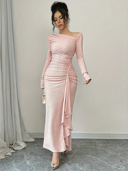 Women'S Elegant Office to Evening Long Dress - Formal & Professional Attire with Asymmetrical Neckline, Flattering Fit, Long Formal Events, HW915 - Elegant Women'S Clothing, Winter Fashion, Ruched Detailing, Highquality Mater