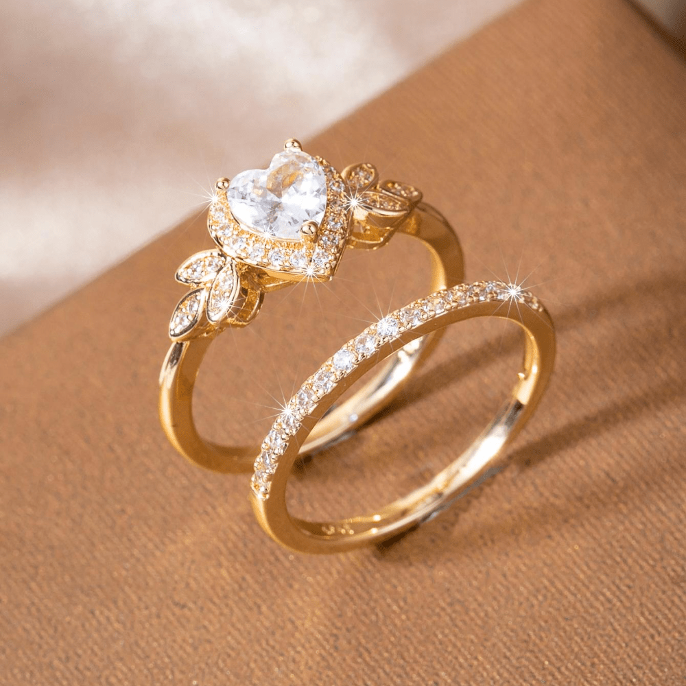 2pcs Dazzling Women's Fashion Heart Wedding Ring Set, Suitable for Valentine's Day, Vacation, Commuting, Dating, Party, Weddings, Engagements, Proposal Ring, Suitable for Wife, Girlfriends, Mothers' Birthdays, New Year Gifts,