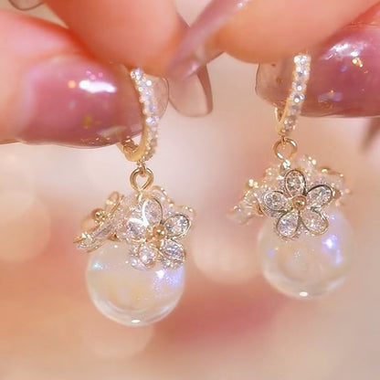 1pair Fashion Dangle Earrings For Girls, Copper Material, Inlaid Artificial Diamonds, With Flower Shaped And Imitation Pearls Design, Golden Color