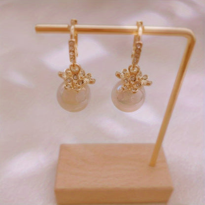 1pair Fashion Dangle Earrings For Girls, Copper Material, Inlaid Artificial Diamonds, With Flower Shaped And Imitation Pearls Design, Golden Color