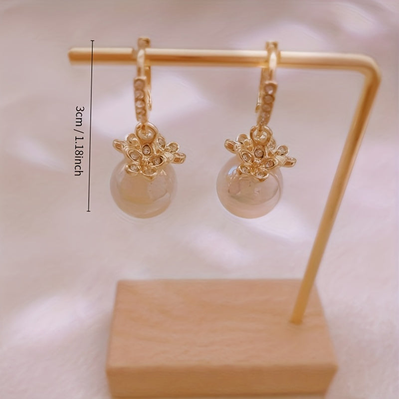 1pair Fashion Dangle Earrings For Girls, Copper Material, Inlaid Artificial Diamonds, With Flower Shaped And Imitation Pearls Design, Golden Color