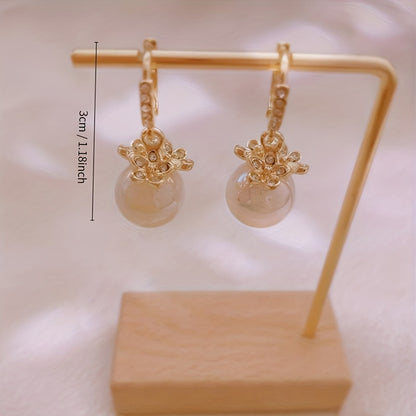 1pair Fashion Dangle Earrings For Girls, Copper Material, Inlaid Artificial Diamonds, With Flower Shaped And Imitation Pearls Design, Golden Color