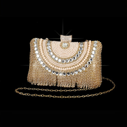 4pcs Elegant Women'S Luxury Evening Set - Diamond-encrusted Evening Dress, Full Diamond Clutch, Chain Bag, Small Handbag, Rhinestone Necklace, Earrings, Bracelet Set - Geometric Pattern, Metal Material, Buckle Closure, Polyes