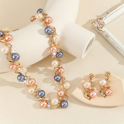 Vintage Elegant 2-Piece Faux Pearl Jewelry Set - 14K Golden Plated Zinc Alloy Necklace and Earrings with Rhinestones, Perfect for Wedding and Party Occasions, Easter Holiday-Compatible