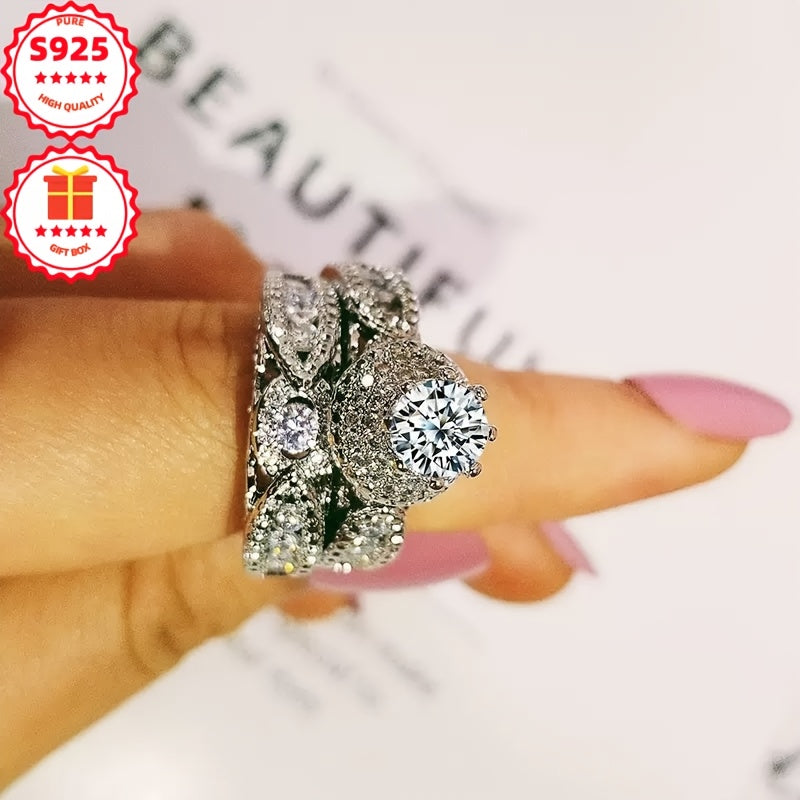 Ladies' S925 Silver 2pcs Fashion Ring Set with Lab-grown Lab-created Diamond, Elegant And Luxurious, Ideal for Gifting On Valentine's Day, Weddings, Engagements, Proposals, Anniversary Celebrations, Christmas, And Other Occas