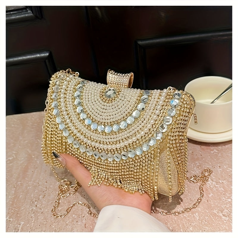 4pcs Elegant Women'S Luxury Evening Set - Diamond-encrusted Evening Dress, Full Diamond Clutch, Chain Bag, Small Handbag, Rhinestone Necklace, Earrings, Bracelet Set - Geometric Pattern, Metal Material, Buckle Closure, Polyes
