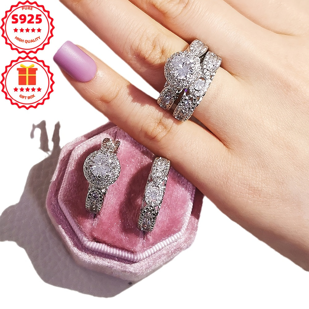 Ladies' S925 Silver 2pcs Fashion Ring Set with Lab-grown Lab-created Diamond, Elegant And Luxurious, Ideal for Gifting On Valentine's Day, Weddings, Engagements, Proposals, Anniversary Celebrations, Christmas, And Other Occas