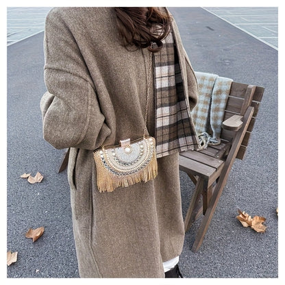 4pcs Elegant Women'S Luxury Evening Set - Diamond-encrusted Evening Dress, Full Diamond Clutch, Chain Bag, Small Handbag, Rhinestone Necklace, Earrings, Bracelet Set - Geometric Pattern, Metal Material, Buckle Closure, Polyes