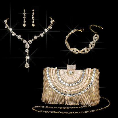 4pcs Elegant Women'S Luxury Evening Set - Diamond-encrusted Evening Dress, Full Diamond Clutch, Chain Bag, Small Handbag, Rhinestone Necklace, Earrings, Bracelet Set - Geometric Pattern, Metal Material, Buckle Closure, Polyes