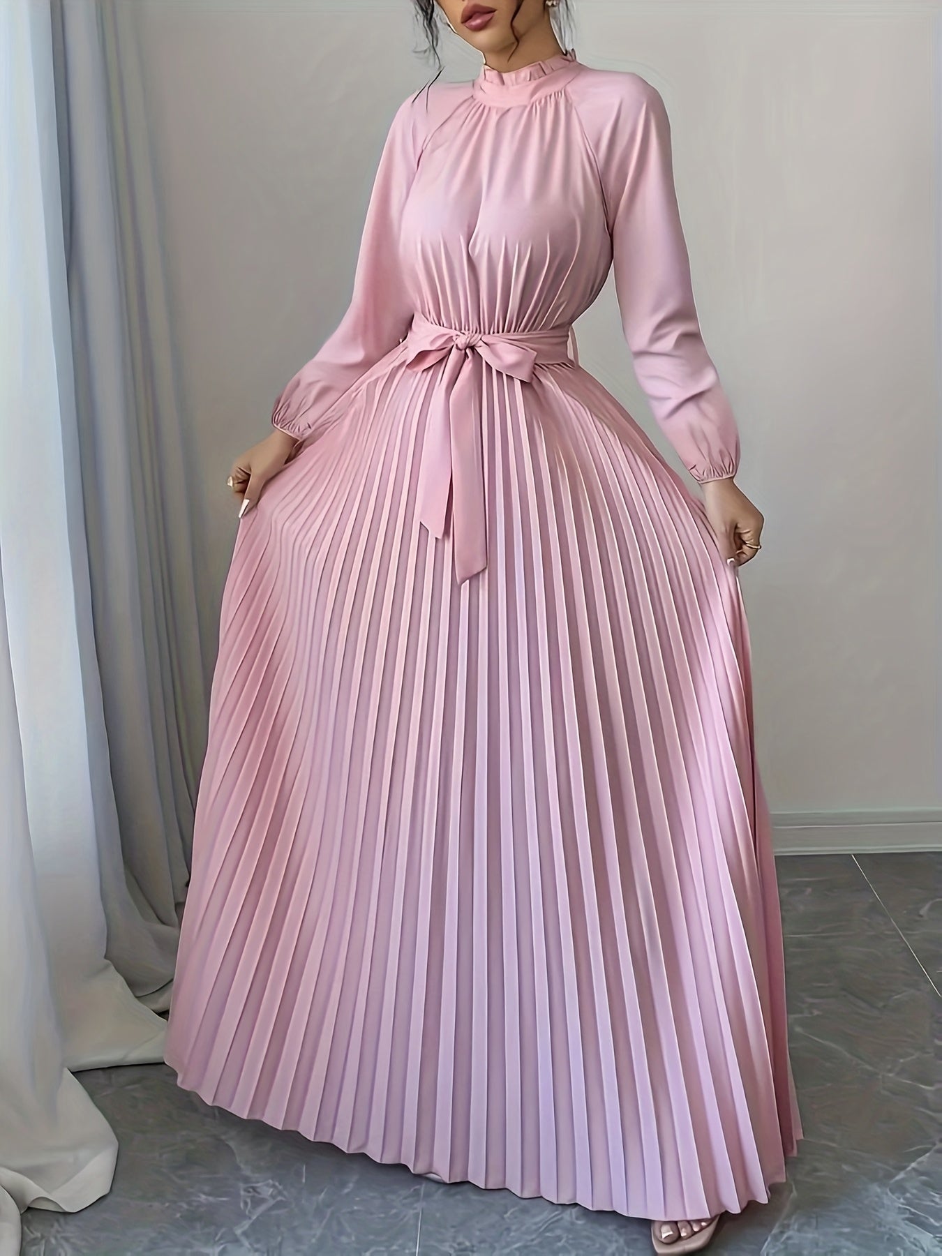 Elegant Long Sleeve Pleated Maxi Dress with Tie Waist - Soft Pink, Stand Collar, Flowing Design for Women, Perfect for Casual or Formal Occasions, Formal Attire|Sophisticated Style|Pleated Detailing, Dress