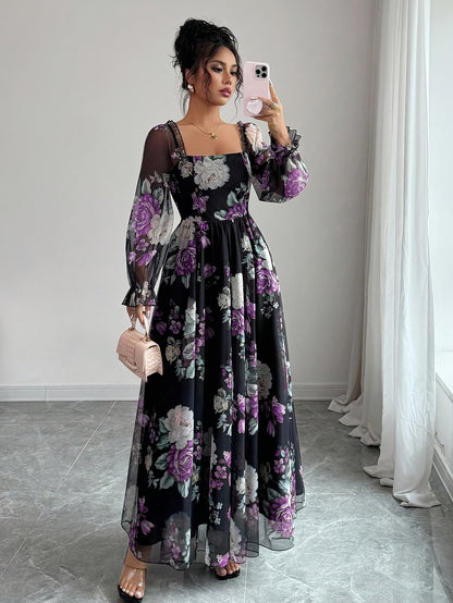 Women's Elegant Floral Print Square Neck Puff Sleeve A-Line Maxi Dress with Smocked Waist - Purple & Black Floral Pattern, Machine Washable Fall Winter Formal Party Wedding Guest Dress
