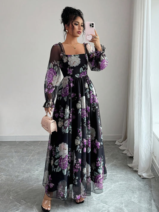 Women's Elegant Floral Print Square Neck Puff Sleeve A-Line Maxi Dress with Smocked Waist - Purple & Black Floral Pattern, Machine Washable Fall Winter Formal Party Wedding Guest Dress