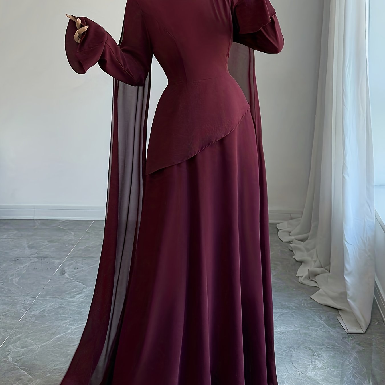 Women's Elegant Burgundy (Maroon) Traditional Wedding Guest Dress - Long Sleeve A-Line Mermaid Hem with Train & Cape-like Shawl Collar, Back Tie Closure, -Length Gown for Prom, Banquet, Cultural Events (Machine Washable)
