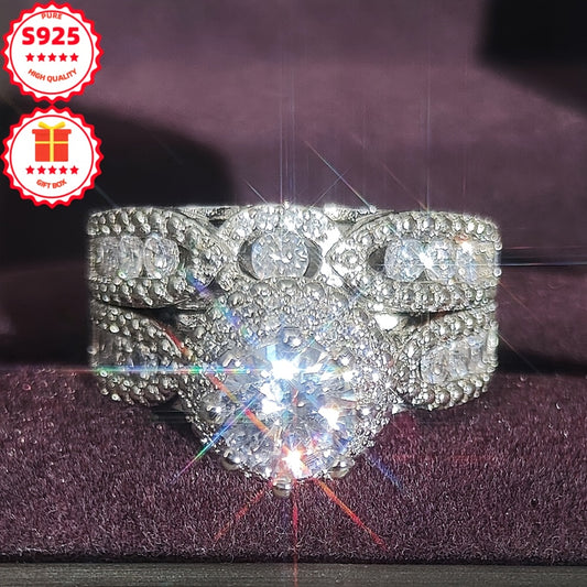 Ladies' S925 Silver 2pcs Fashion Ring Set with Lab-grown Lab-created Diamond, Elegant And Luxurious, Ideal for Gifting On Valentine's Day, Weddings, Engagements, Proposals, Anniversary Celebrations, Christmas, And Other Occas