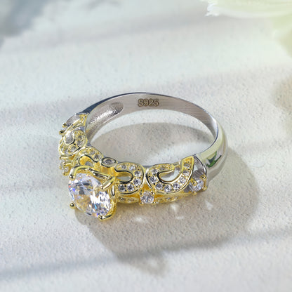 An S925 925 Silvery Ring with Dual-Tone Alloy, Featuring Lab-Created Lab-grown Lab-created Diamond Sparkle and Exquisite Floral Pattern Accented by Small Lab-created Diamond – A Unique Design That Illuminates Every Move. Wh