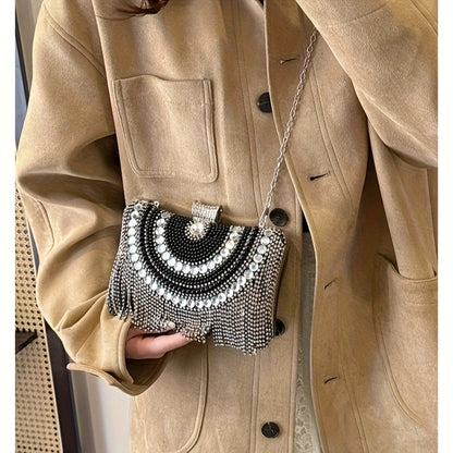 4pcs Elegant Women'S Luxury Evening Set - Diamond-encrusted Evening Dress, Full Diamond Clutch, Chain Bag, Small Handbag, Rhinestone Necklace, Earrings, Bracelet Set - Geometric Pattern, Metal Material, Buckle Closure, Polyes