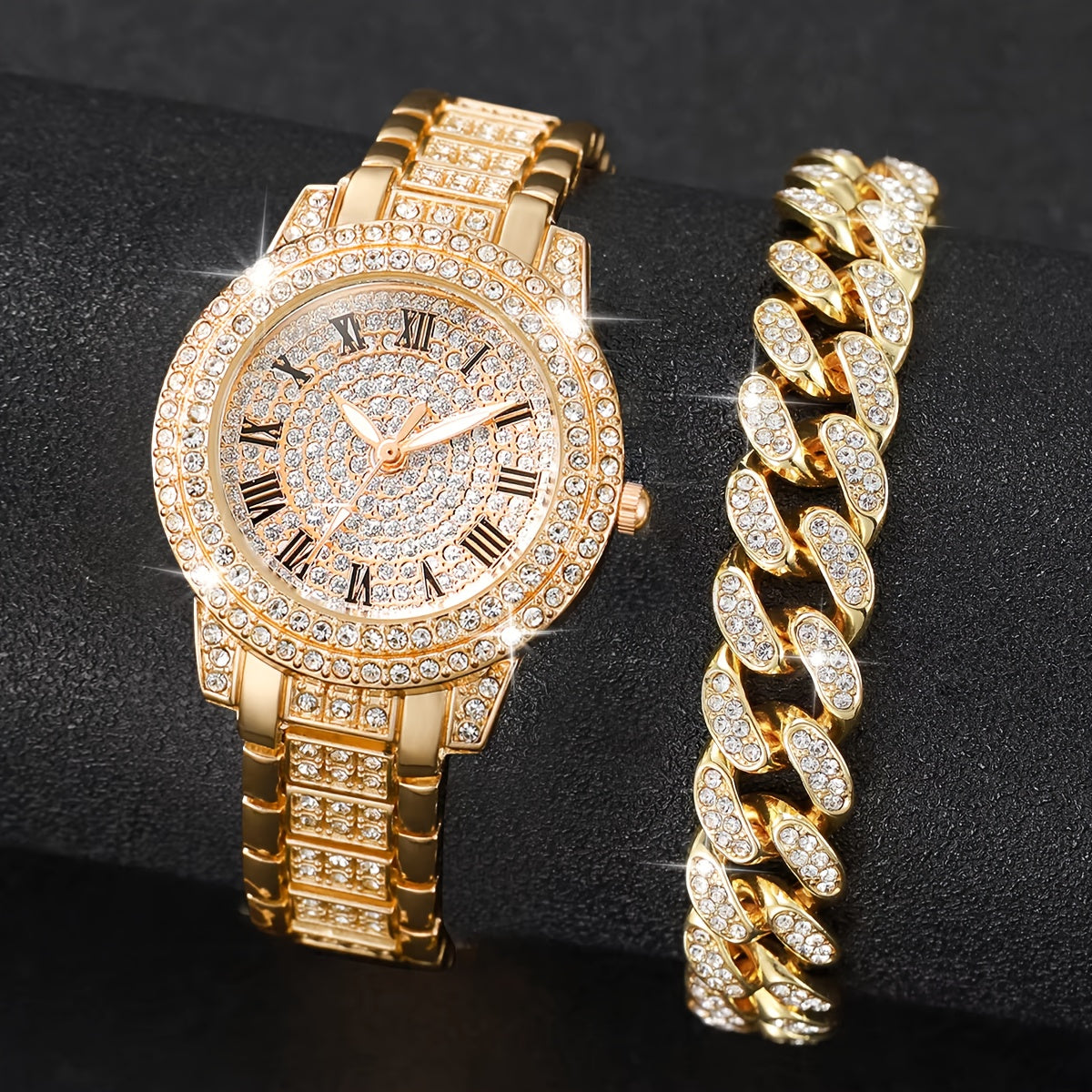 2pcs Fashion Rhinestone Watches And Bracelet Set, Elegant Ladies Golden And Silvery Quartz Wrist Watches Jewelry Set, Bracelet for Women, Hand Watch for Women, Women'S Wristwatch, Fashion Accessory, Elegant Design, Chic Wrist