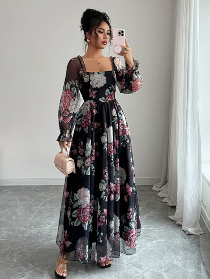 Women's Elegant Floral Print Square Neck Puff Sleeve A-Line Maxi Dress with Smocked Waist - Purple & Black Floral Pattern, Machine Washable Fall Winter Formal Party Wedding Guest Dress
