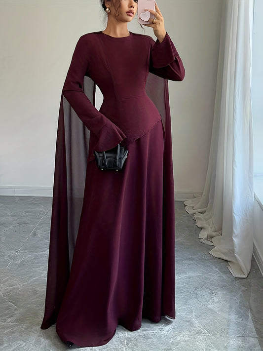 Women's Elegant Burgundy (Maroon) Traditional Wedding Guest Dress - Long Sleeve A-Line Mermaid Hem with Train & Cape-like Shawl Collar, Back Tie Closure, -Length Gown for Prom, Banquet, Cultural Events (Machine Washable)