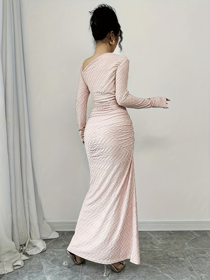 Women'S Elegant Office to Evening Long Dress - Formal & Professional Attire with Asymmetrical Neckline, Flattering Fit, Long Formal Events, HW915 - Elegant Women'S Clothing, Winter Fashion, Ruched Detailing, Highquality Mater