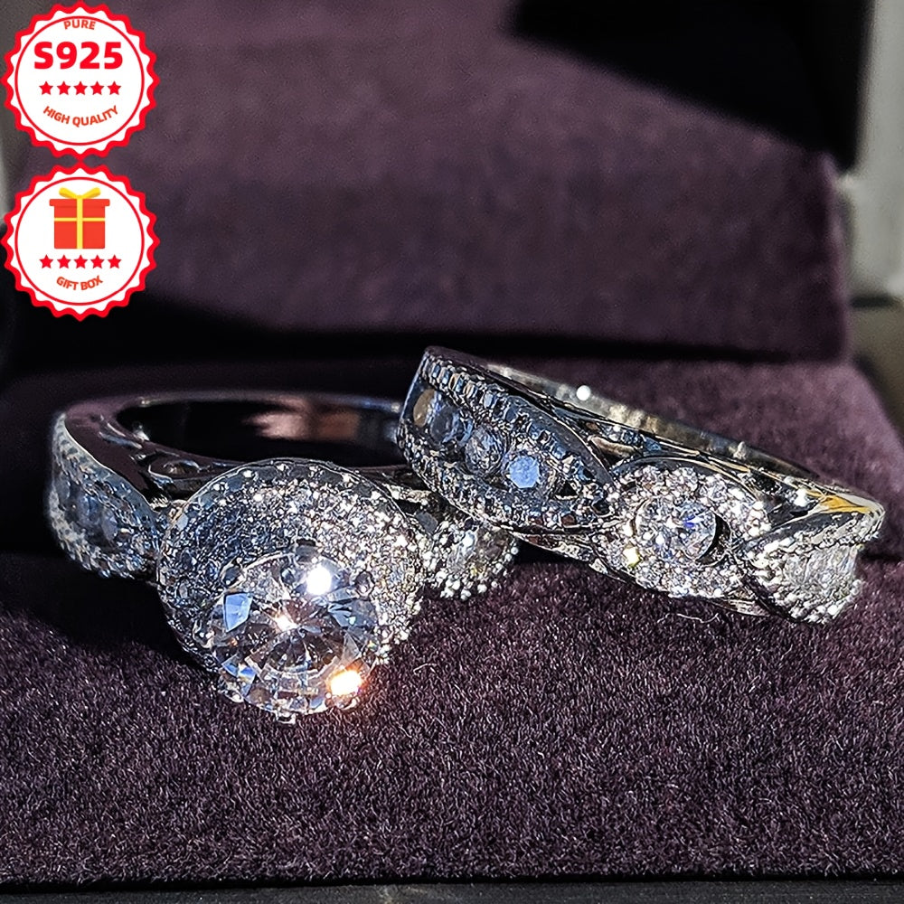 Ladies' S925 Silver 2pcs Fashion Ring Set with Lab-grown Lab-created Diamond, Elegant And Luxurious, Ideal for Gifting On Valentine's Day, Weddings, Engagements, Proposals, Anniversary Celebrations, Christmas, And Other Occas