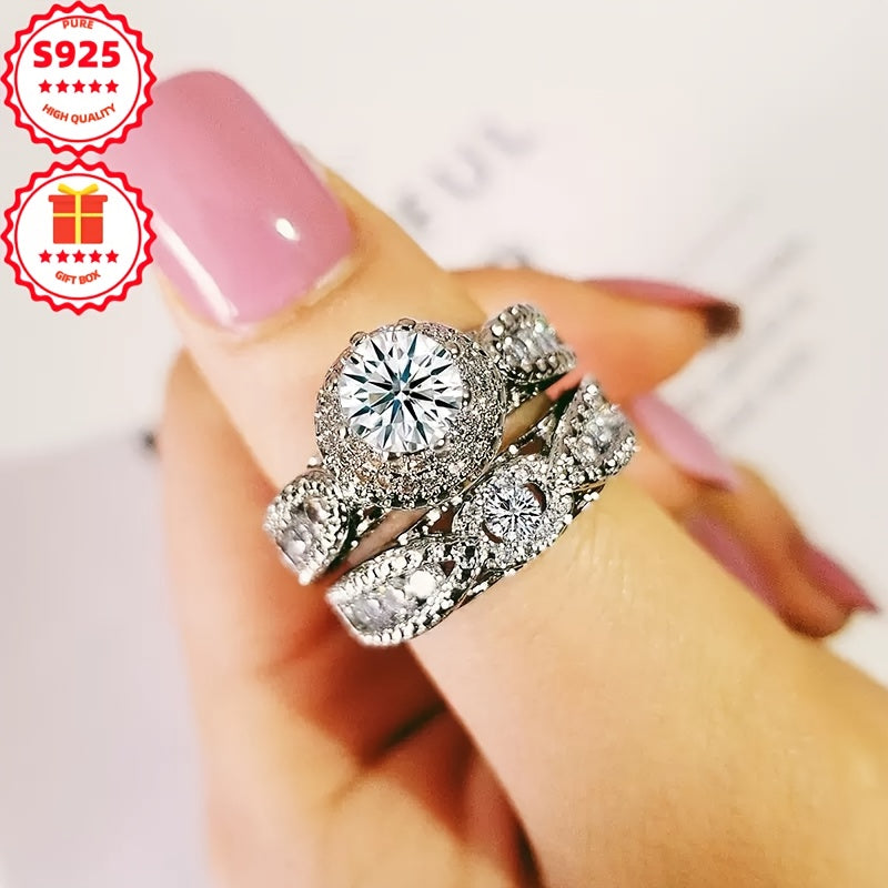Ladies' S925 Silver 2pcs Fashion Ring Set with Lab-grown Lab-created Diamond, Elegant And Luxurious, Ideal for Gifting On Valentine's Day, Weddings, Engagements, Proposals, Anniversary Celebrations, Christmas, And Other Occas