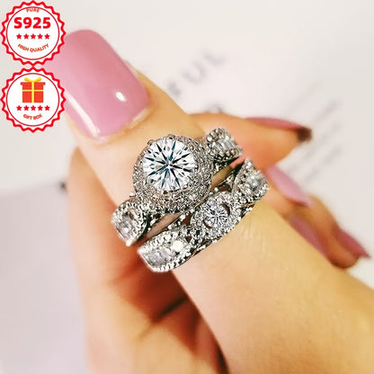 Ladies' S925 Silver 2pcs Fashion Ring Set with Lab-grown Lab-created Diamond, Elegant And Luxurious, Ideal for Gifting On Valentine's Day, Weddings, Engagements, Proposals, Anniversary Celebrations, Christmas, And Other Occas