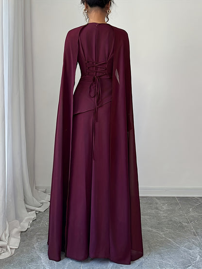 Women's Elegant Burgundy (Maroon) Traditional Wedding Guest Dress - Long Sleeve A-Line Mermaid Hem with Train & Cape-like Shawl Collar, Back Tie Closure, -Length Gown for Prom, Banquet, Cultural Events (Machine Washable)