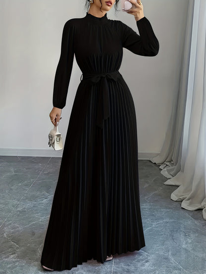 Elegant Long Sleeve Pleated Maxi Dress with Tie Waist - Soft Pink, Stand Collar, Flowing Design for Women, Perfect for Casual or Formal Occasions, Formal Attire|Sophisticated Style|Pleated Detailing, Dress