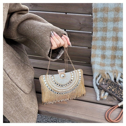 4pcs Elegant Women'S Luxury Evening Set - Diamond-encrusted Evening Dress, Full Diamond Clutch, Chain Bag, Small Handbag, Rhinestone Necklace, Earrings, Bracelet Set - Geometric Pattern, Metal Material, Buckle Closure, Polyes