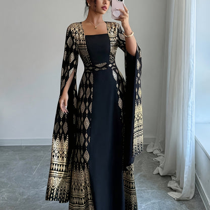 Women'S Elegant Long Sleeve Black & Golden Geometric Print Kimono Dress - Square Neck Floor-Length Formal Party Wedding Dress with Contrast Color Accents, All-Season Versatile Evening Gown