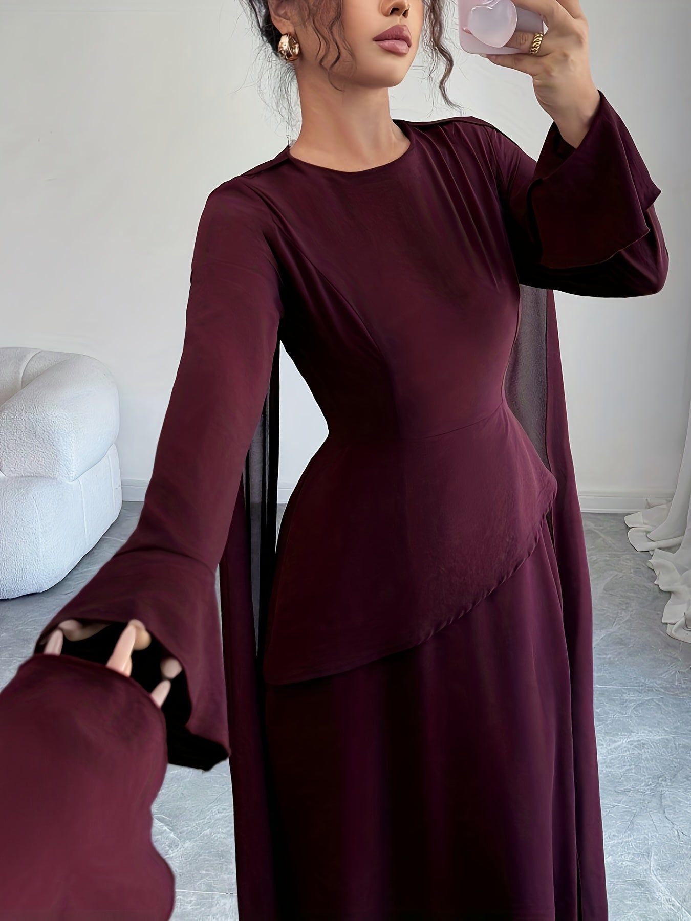 Women's Elegant Burgundy (Maroon) Traditional Wedding Guest Dress - Long Sleeve A-Line Mermaid Hem with Train & Cape-like Shawl Collar, Back Tie Closure, -Length Gown for Prom, Banquet, Cultural Events (Machine Washable)