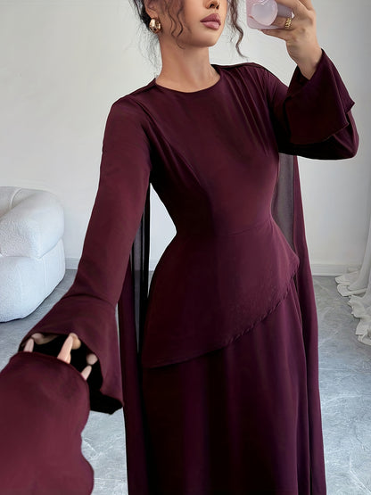 Women's Elegant Burgundy (Maroon) Traditional Wedding Guest Dress - Long Sleeve A-Line Mermaid Hem with Train & Cape-like Shawl Collar, Back Tie Closure, -Length Gown for Prom, Banquet, Cultural Events (Machine Washable)