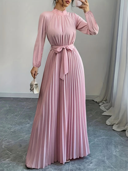 Elegant Long Sleeve Pleated Maxi Dress with Tie Waist - Soft Pink, Stand Collar, Flowing Design for Women, Perfect for Casual or Formal Occasions, Formal Attire|Sophisticated Style|Pleated Detailing, Dress