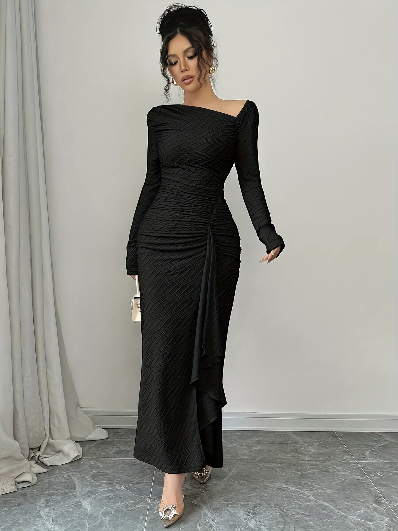 Women'S Elegant Office to Evening Long Dress - Formal & Professional Attire with Asymmetrical Neckline, Flattering Fit, Long Formal Events, HW915 - Elegant Women'S Clothing, Winter Fashion, Ruched Detailing, Highquality Mater