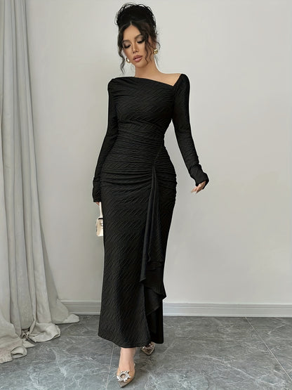Women'S Elegant Office to Evening Long Dress - Formal & Professional Attire with Asymmetrical Neckline, Flattering Fit, Long Formal Events, HW915 - Elegant Women'S Clothing, Winter Fashion, Ruched Detailing, Highquality Mater