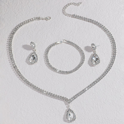 4pcs Elegant Wedding Jewelry Set - Diamond-Encrusted Necklace, Earrings, Bracelets & Rings - Sparkling Rhinestone & Copper Plated Jewelry for Women - Perfect for Weddings, Wedding Jewelry, Bridal Jewelry