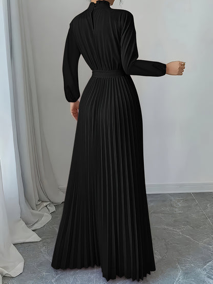 Elegant Long Sleeve Pleated Maxi Dress with Tie Waist - Soft Pink, Stand Collar, Flowing Design for Women, Perfect for Casual or Formal Occasions, Formal Attire|Sophisticated Style|Pleated Detailing, Dress