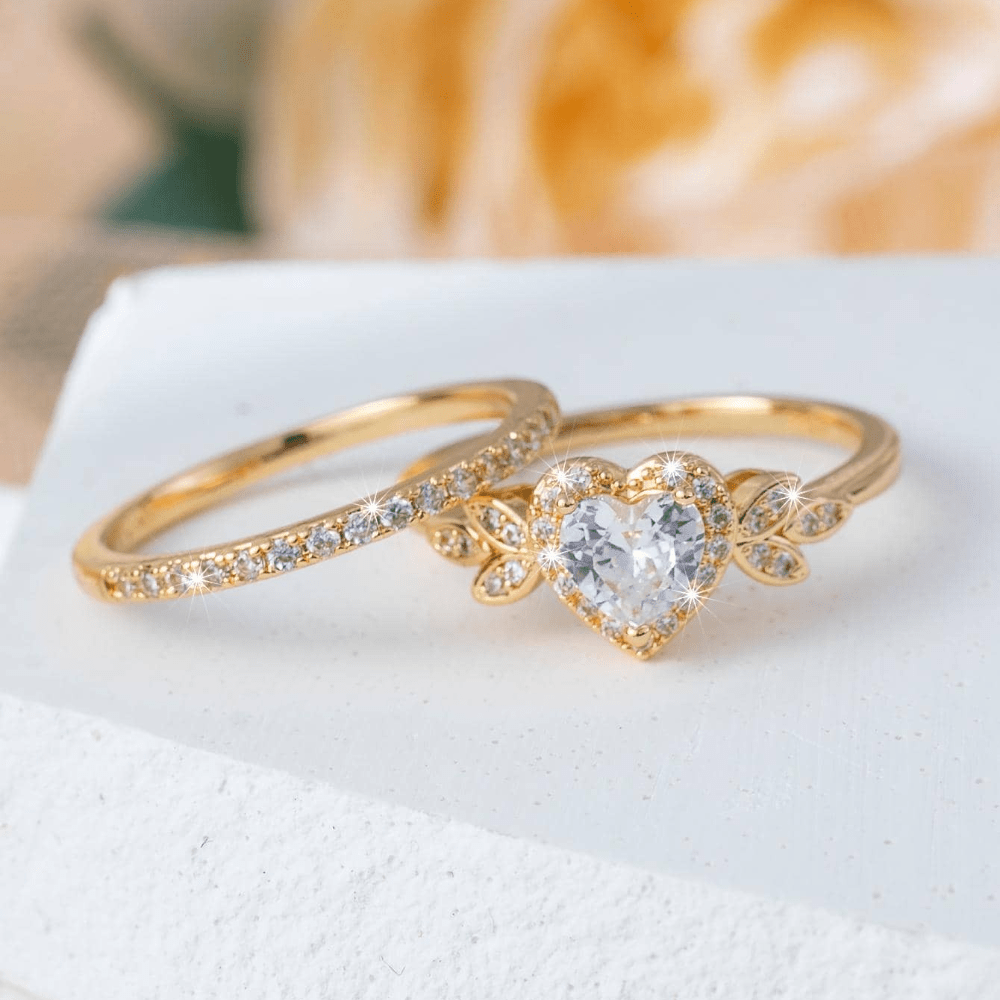 2pcs Dazzling Women's Fashion Heart Wedding Ring Set, Suitable for Valentine's Day, Vacation, Commuting, Dating, Party, Weddings, Engagements, Proposal Ring, Suitable for Wife, Girlfriends, Mothers' Birthdays, New Year Gifts,