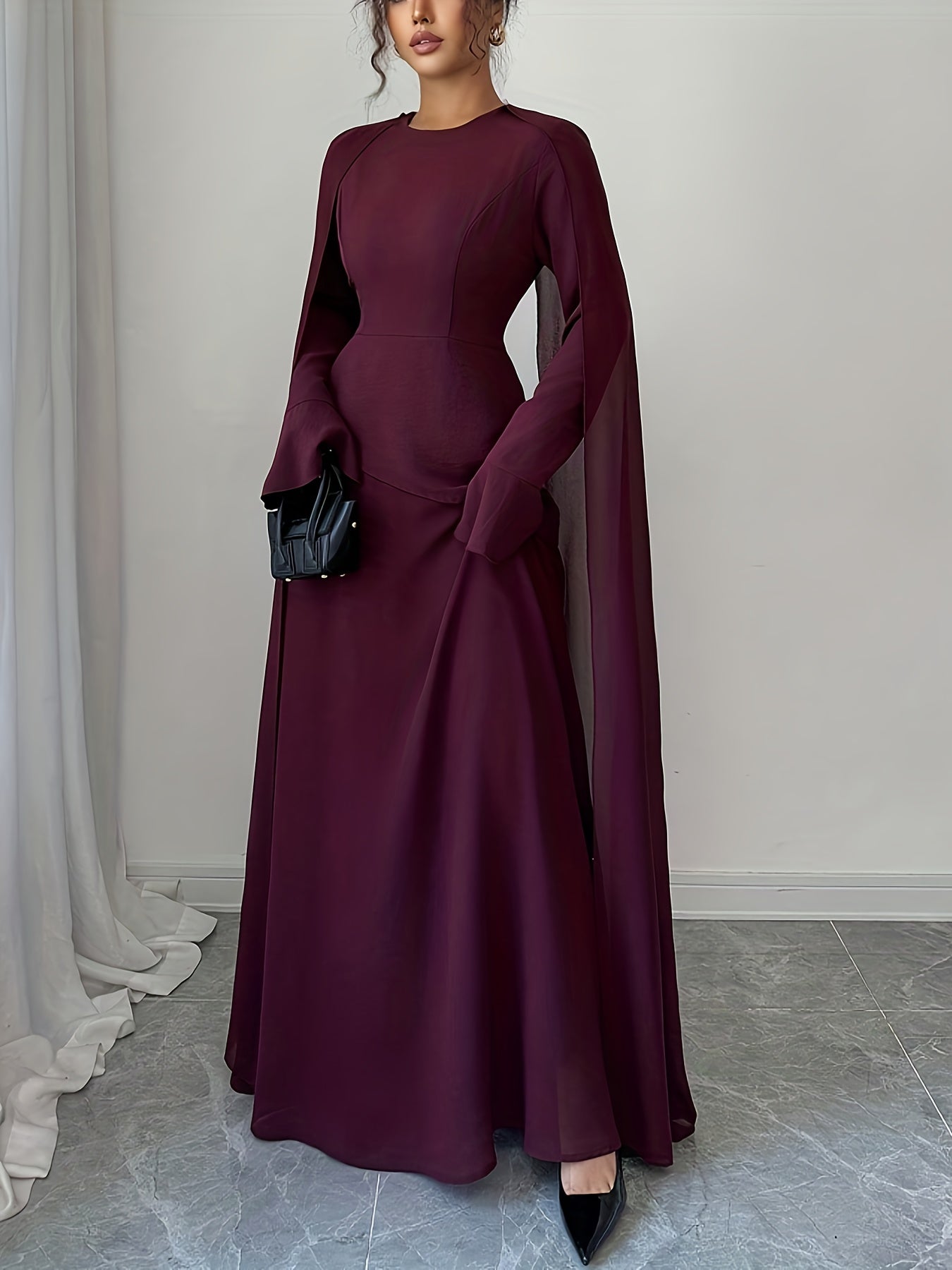 Women's Elegant Burgundy (Maroon) Traditional Wedding Guest Dress - Long Sleeve A-Line Mermaid Hem with Train & Cape-like Shawl Collar, Back Tie Closure, -Length Gown for Prom, Banquet, Cultural Events (Machine Washable)