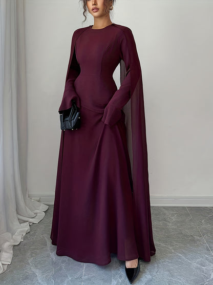 Women's Elegant Burgundy (Maroon) Traditional Wedding Guest Dress - Long Sleeve A-Line Mermaid Hem with Train & Cape-like Shawl Collar, Back Tie Closure, -Length Gown for Prom, Banquet, Cultural Events (Machine Washable)