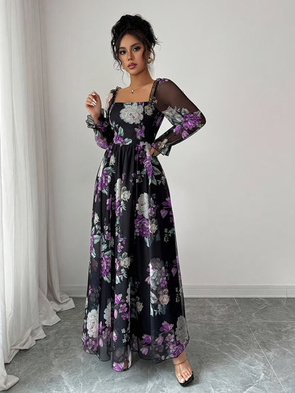 Women's Elegant Floral Print Square Neck Puff Sleeve A-Line Maxi Dress with Smocked Waist - Purple & Black Floral Pattern, Machine Washable Fall Winter Formal Party Wedding Guest Dress