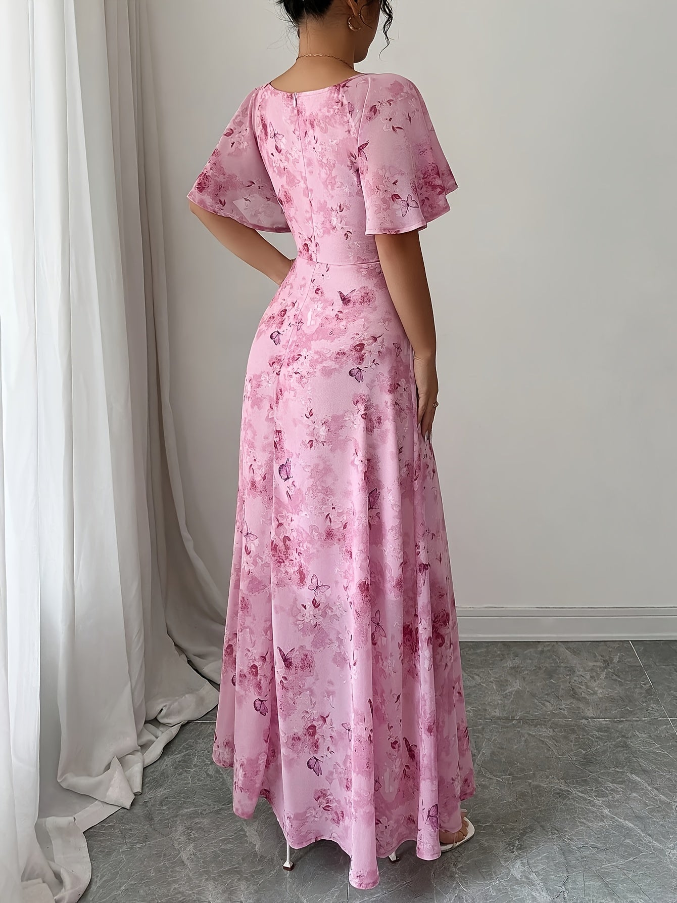 Ladies' Chiffon Butterfly Pattern Batwing Sleeve Drawstring Sweet French Mini Dress Summer Women Elegant Autumn Winter Seasonal Fashion Fall Clothing Halloween Costume Christmas Outfit