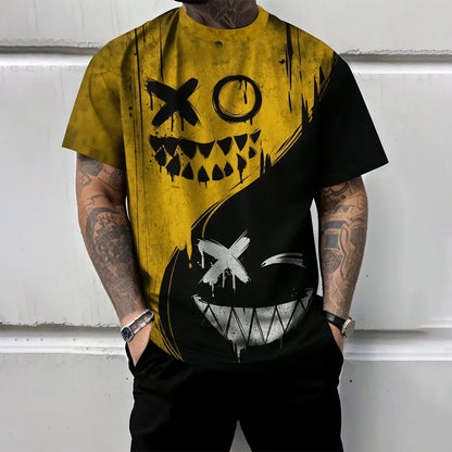 2025 Trendy Red And Black Spliced Printed Men's T-Shirt Funny Ghost Face Graphic T-Shirts Oversized Loose Short Sleeve Clothing